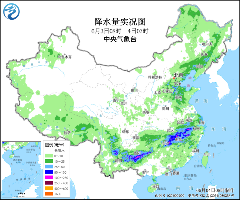 南方降雨带有所南压 东北有大范围降雨